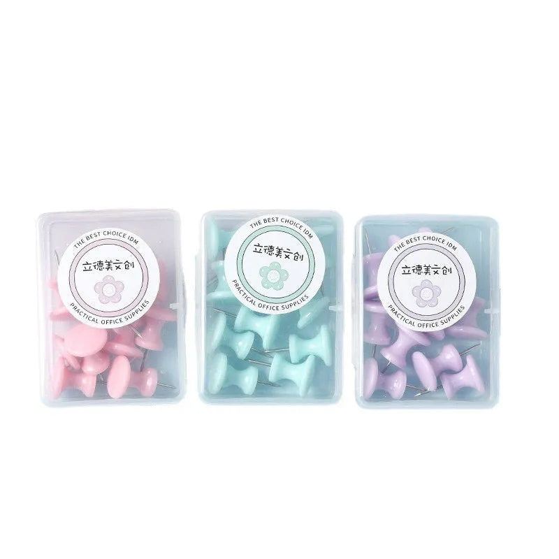 Macaron coloured plastic push pins in cherry blossom pink, mint green and lavender, small and large sizes