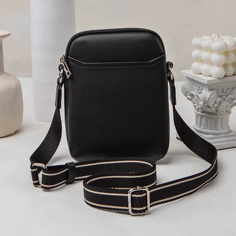Solid colour PU mobile phone crossbody bag shown in beige, black, green, and khaki.