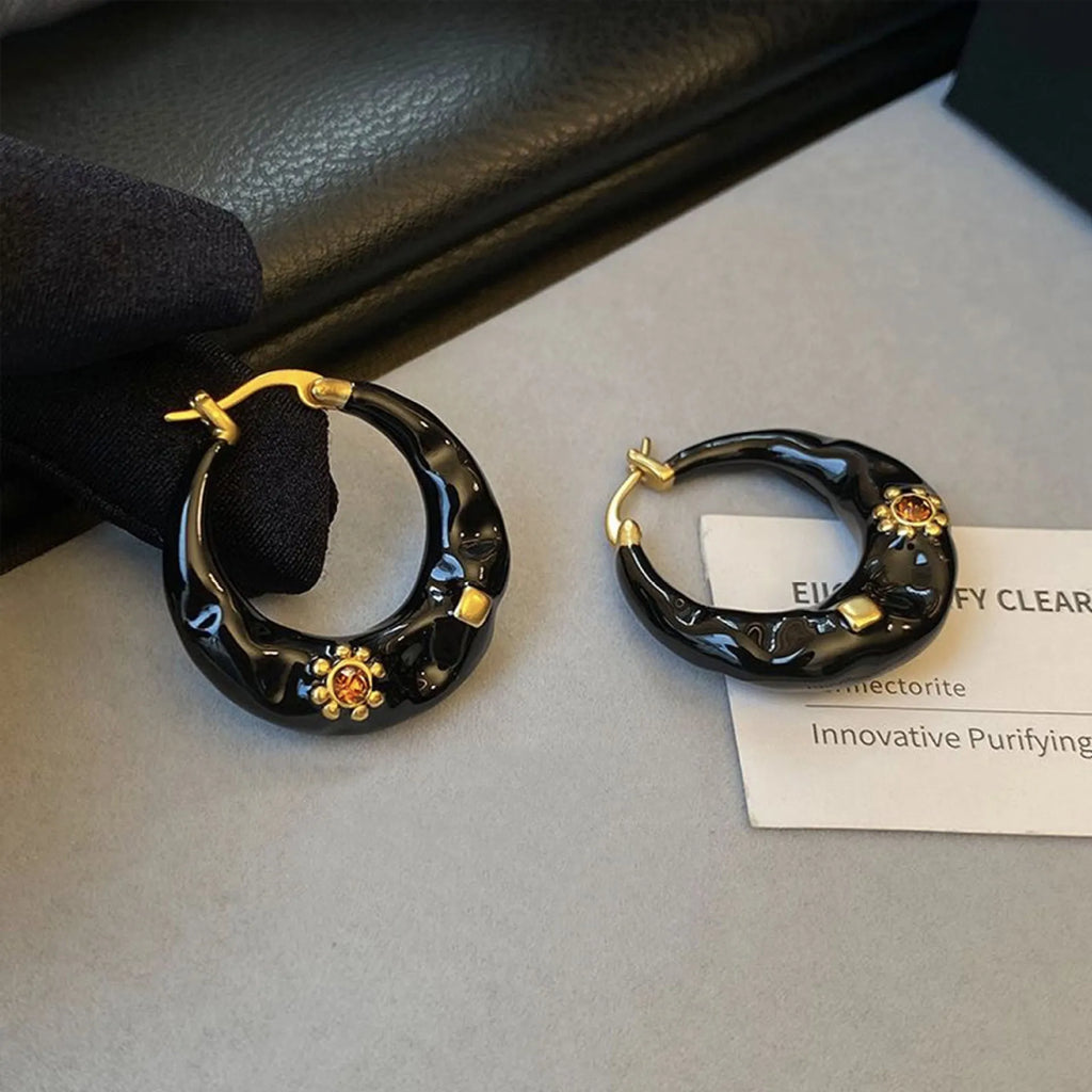 Hong Kong style black and red alloy ear studs with rhinestone decoration and dripping oil treatment