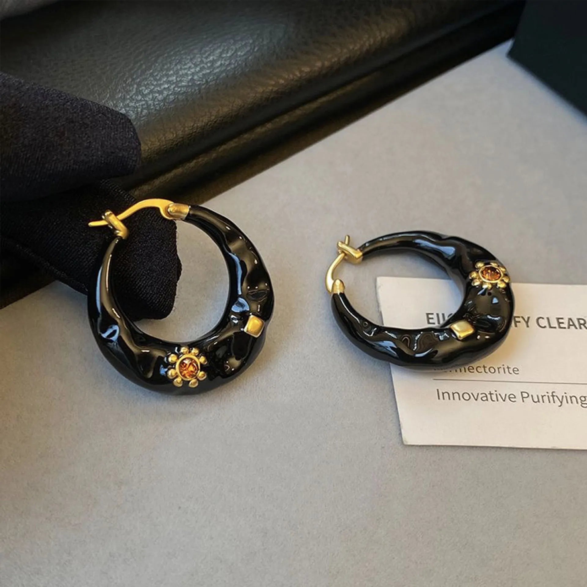 Hong Kong style black and red alloy ear studs with rhinestone decoration and dripping oil treatment