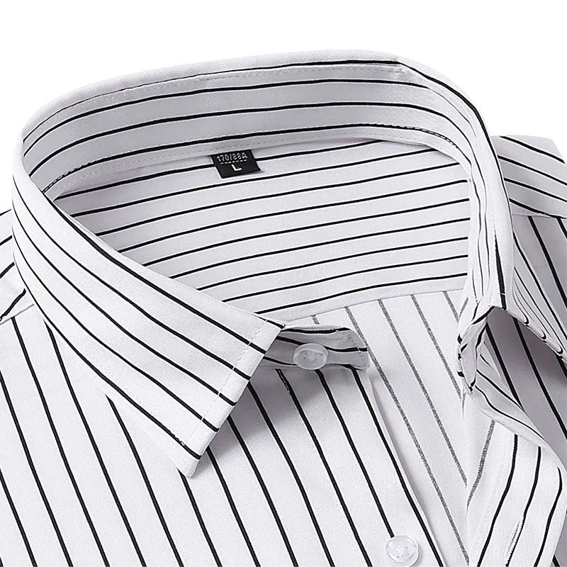 Men's slim fit striped long sleeve business shirt in ice silk polyester fabric.