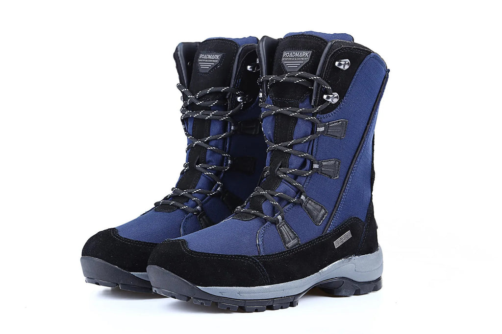 Women's genuine leather mid-calf snow boots in black with round toe and rubber non-slip sole