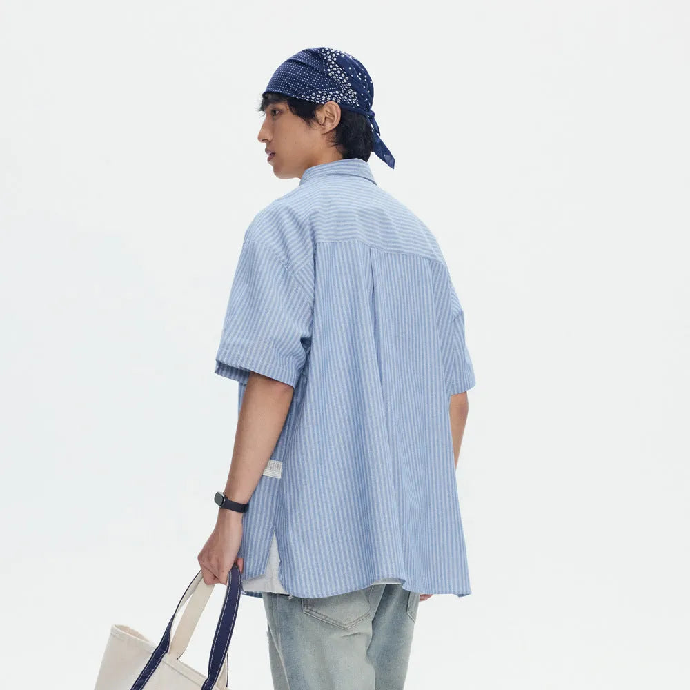 Blue striped short-sleeve shirt with loose cardigan style for casual wear