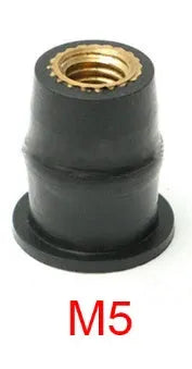 Black rubber and brass well nut riveting fasteners for motorcycle windshields in M4, M5, and M6 sizes