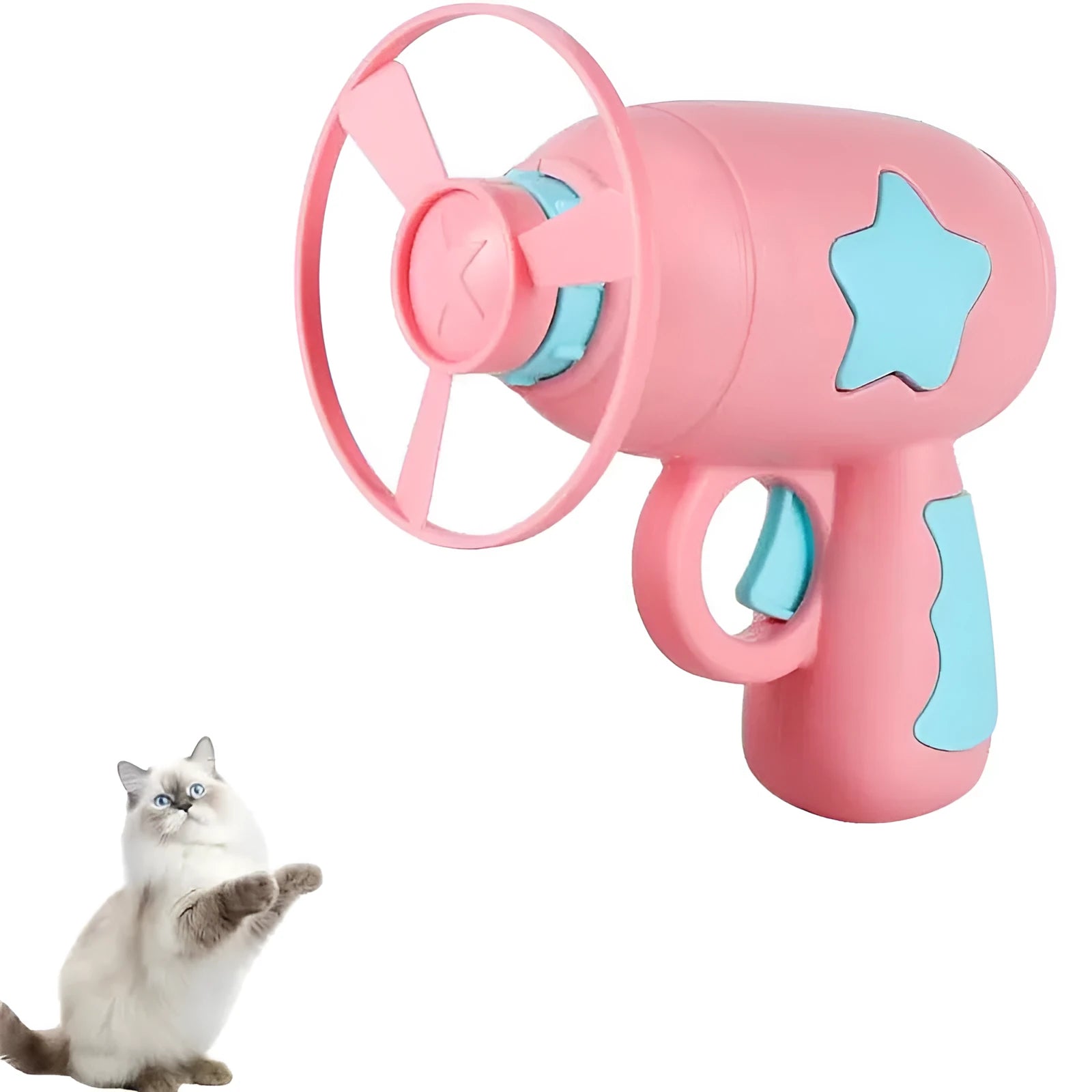 Blue interactive cat toy gun with spinning plastic frisbee for indoor cat play sessions