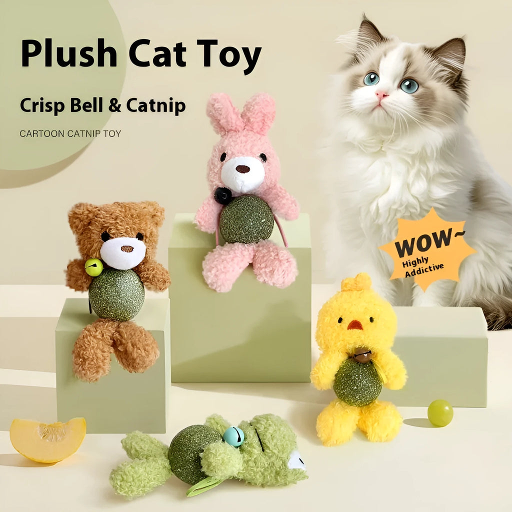 Plush catnip toy shaped like animal with bell and mint ball for cats to play with