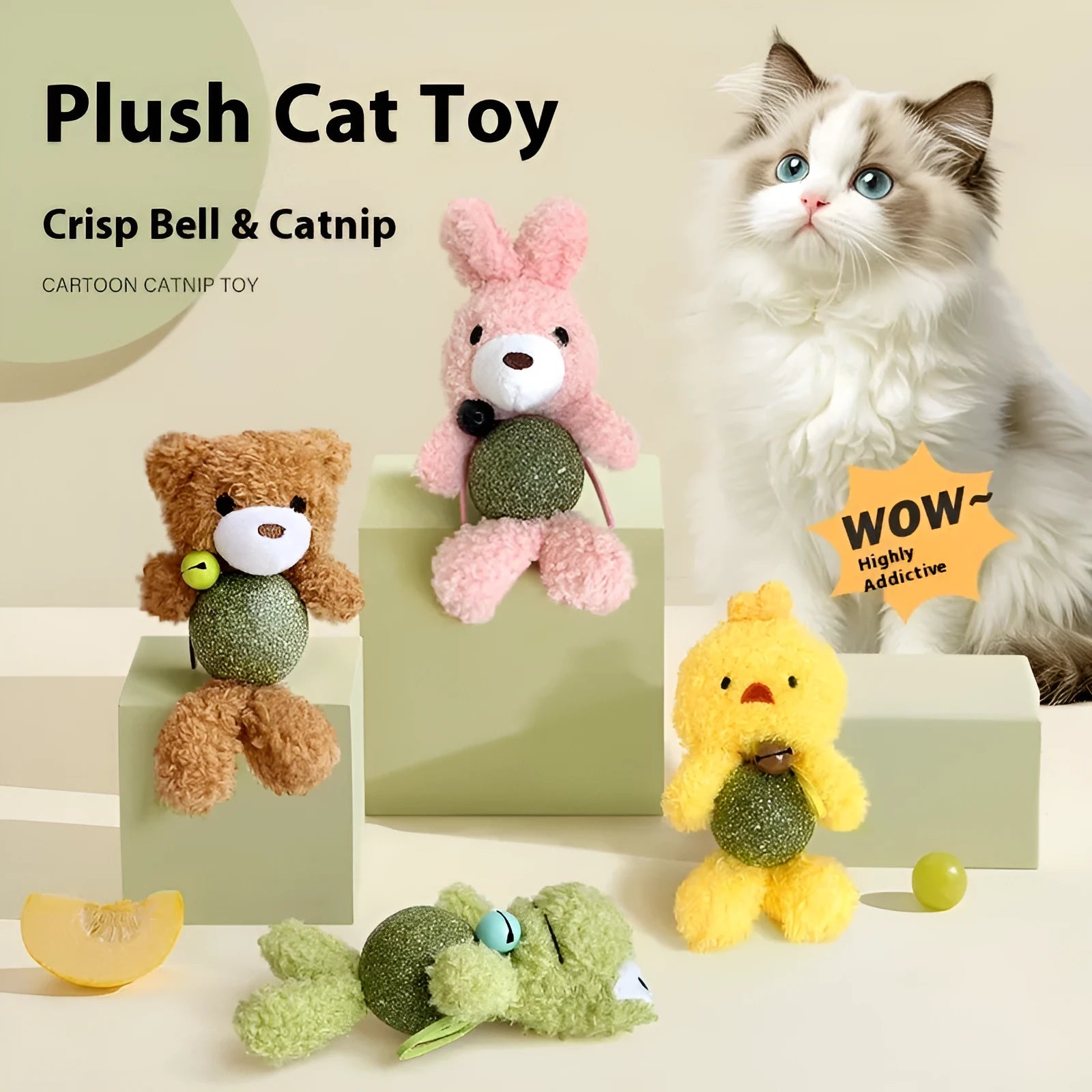 Plush catnip toy shaped like animal with bell and mint ball for cats to play with