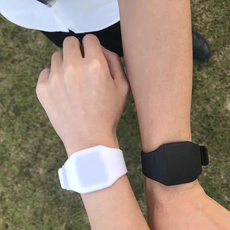 Square electronic watch with touch screen display showing time and date on PU strap