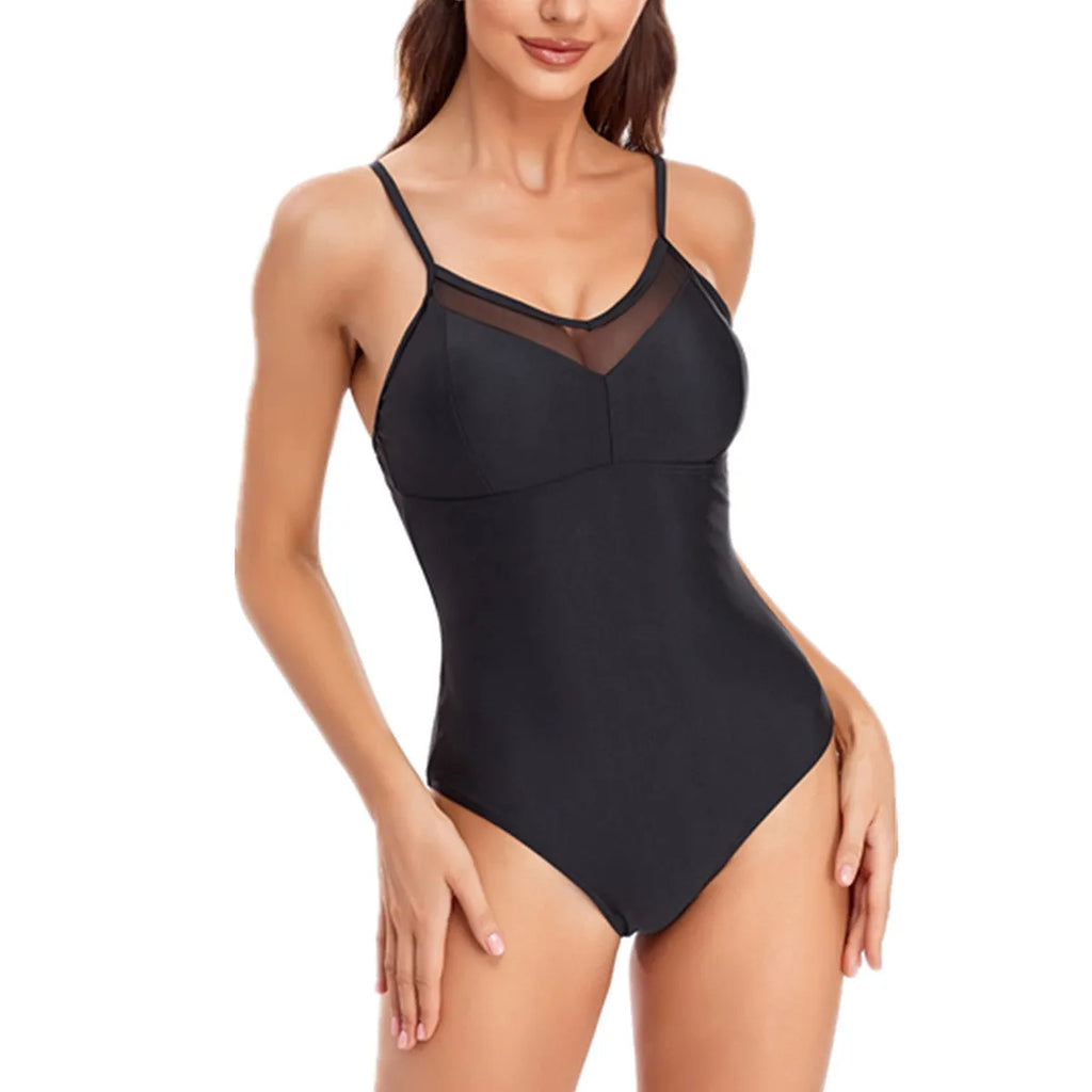 Ladies black or blue mesh solid color one-piece swimsuit with backless high elasticity design
