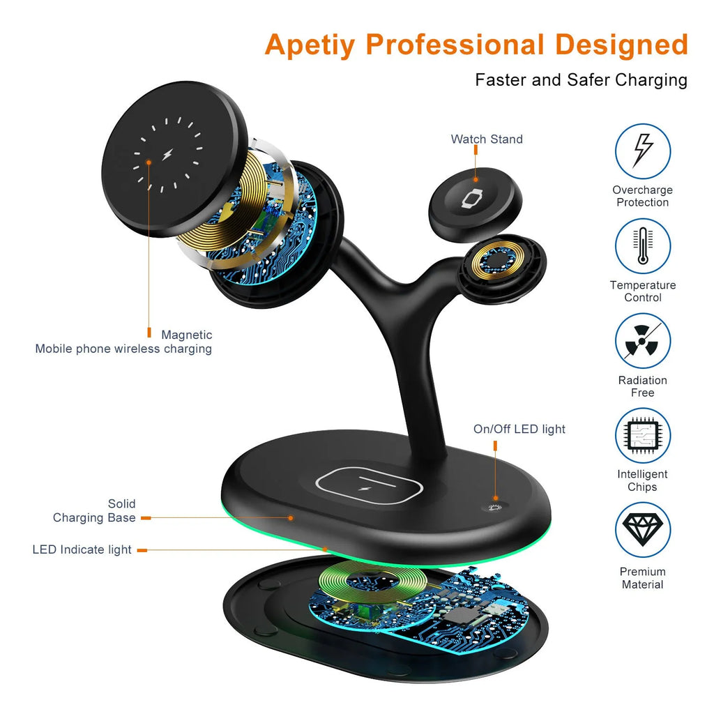 Black three-in-one magnetic wireless charger with simple design on a table.