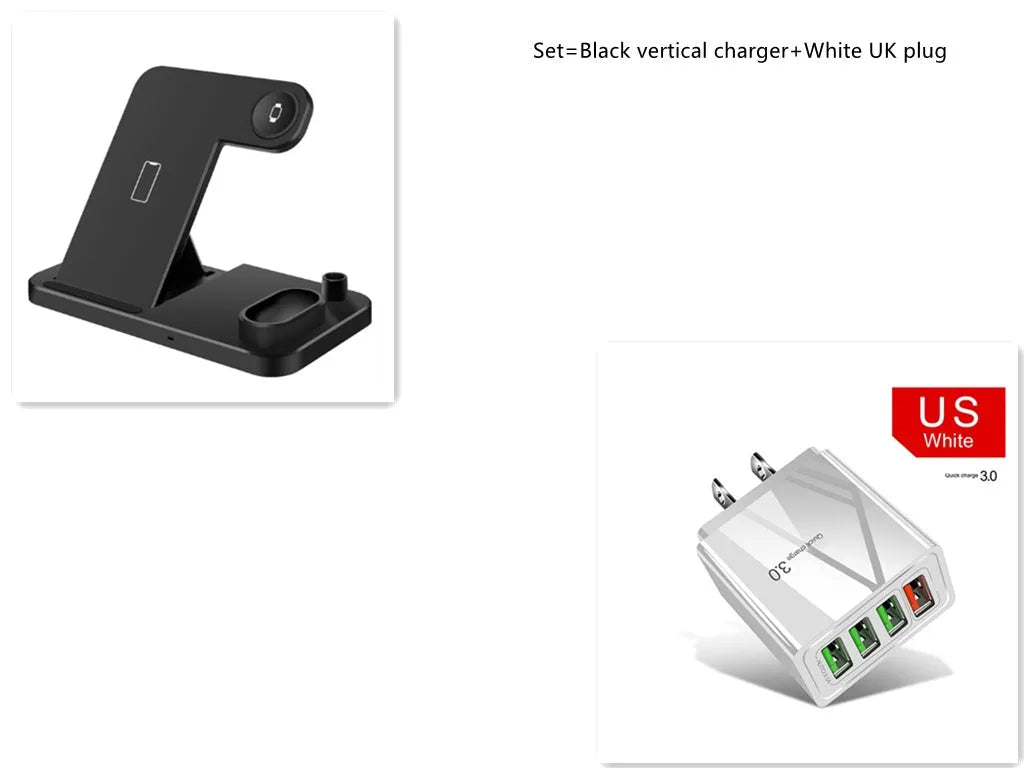 4-in-1 wireless charging station showing phone, Apple Watch, and AirPods charging on adjustable magnetic stand.