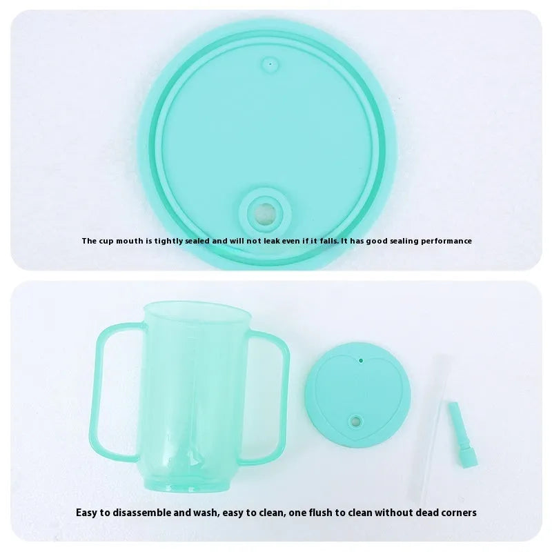 White PP plastic bedside drinking cup with slanted choke-proof spout, handle, and a blue lid