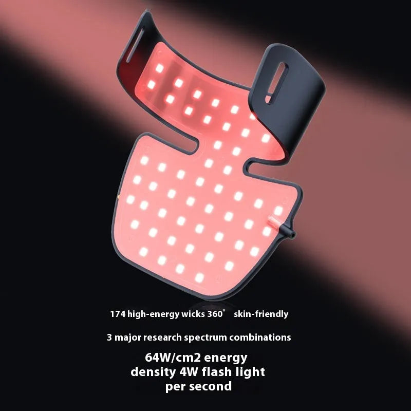 Black four-colour LED photon beauty mask with neck care function and infrared therapy for home use.