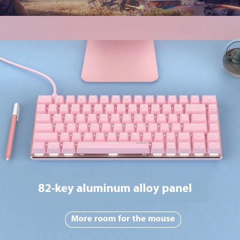 Pink 82-key mechanical keyboard with white backlight illumination on keys