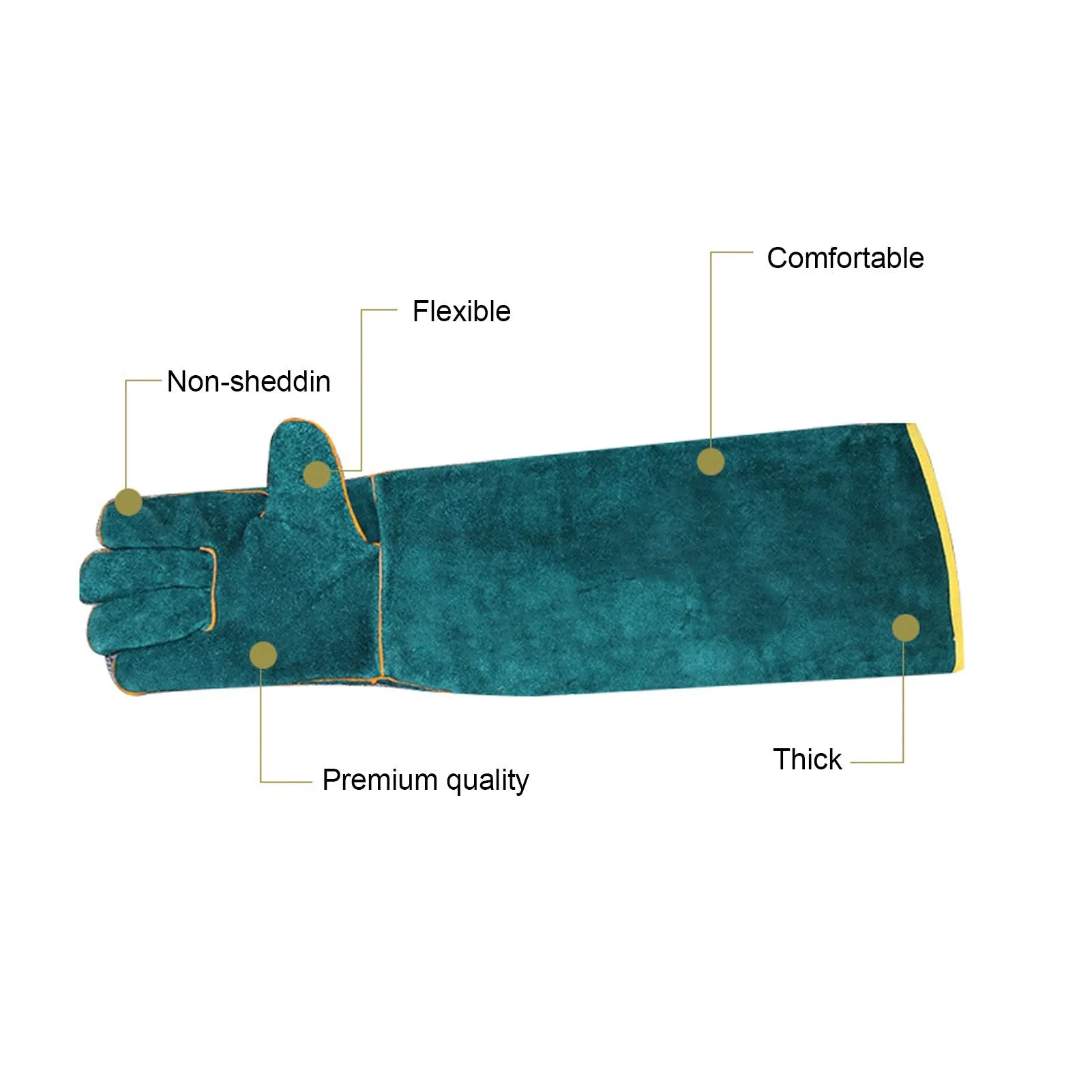 Dark green cowhide leather animal handling gloves with extended sleeve cuffs for bite protection.