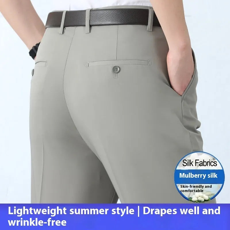 Men's straight-leg high-waist business trousers in a mulberry silk blend fabric