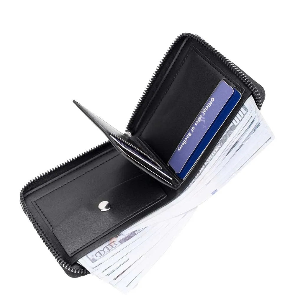Black PU leather anti-theft zipper wallet with embossed pattern and extended card capacity