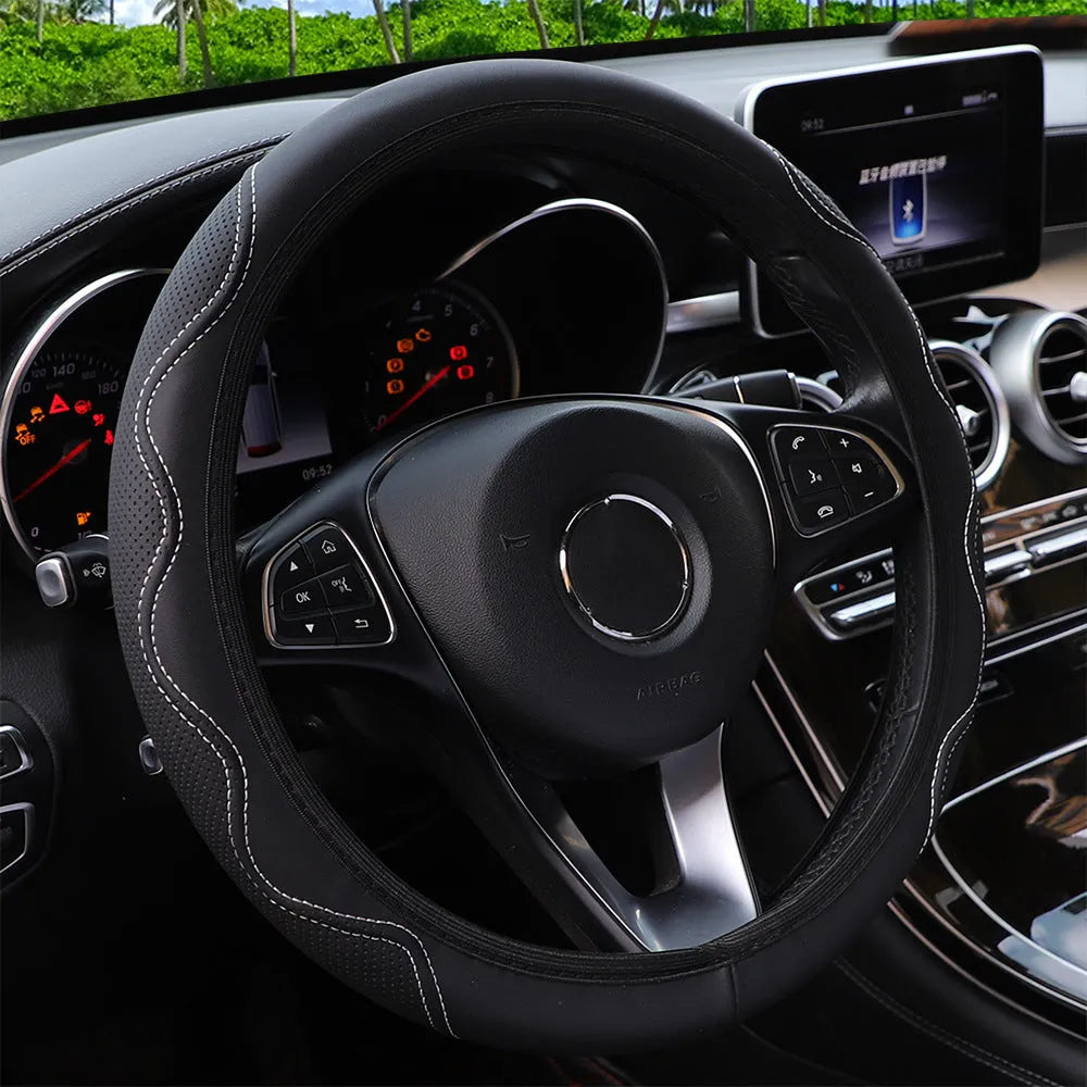 Black and red no-inner-ring PU leather elastic steering wheel cover for 37-38cm diameter wheels.