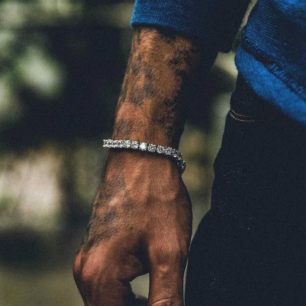 Men's silver alloy hip hop bracelet with geometric links and a row of clear rhinestones.