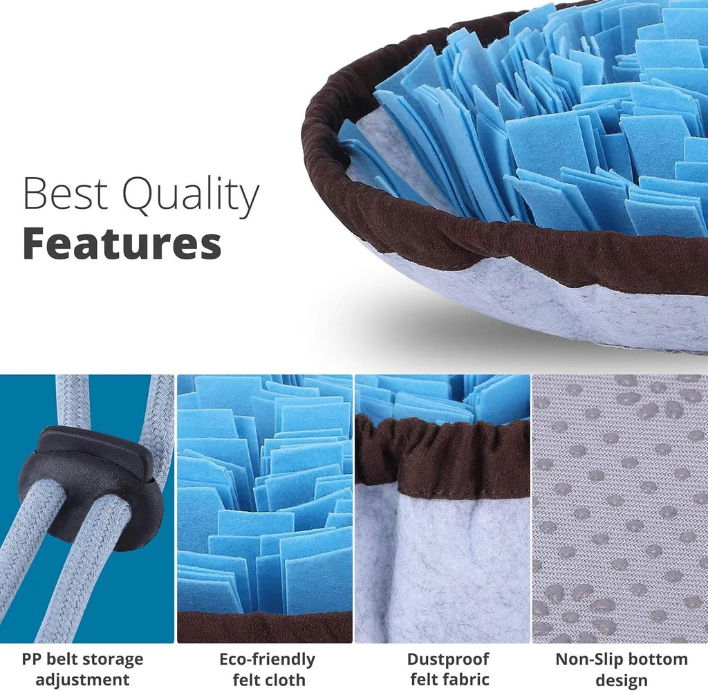 Blue adjustable cotton snuffle mat for dogs with non-slip backing on a wooden floor.