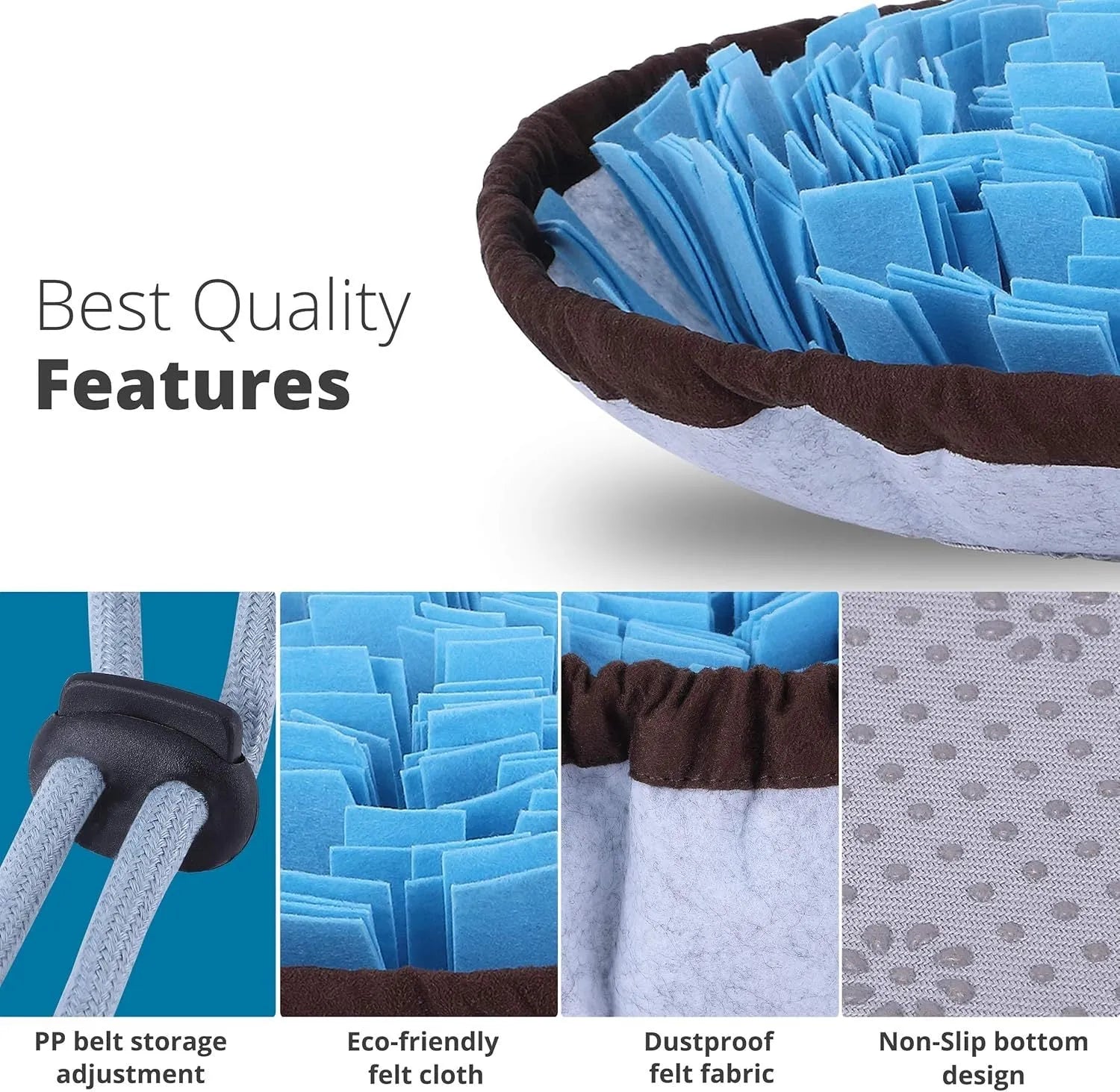 Blue adjustable cotton snuffle mat for dogs with non-slip backing on a wooden floor.