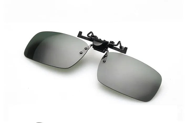 A polycarbonate sunglasses clip for prescription glasses, shown in large and small frame sizes with grey, dark green, and night vision lens options.