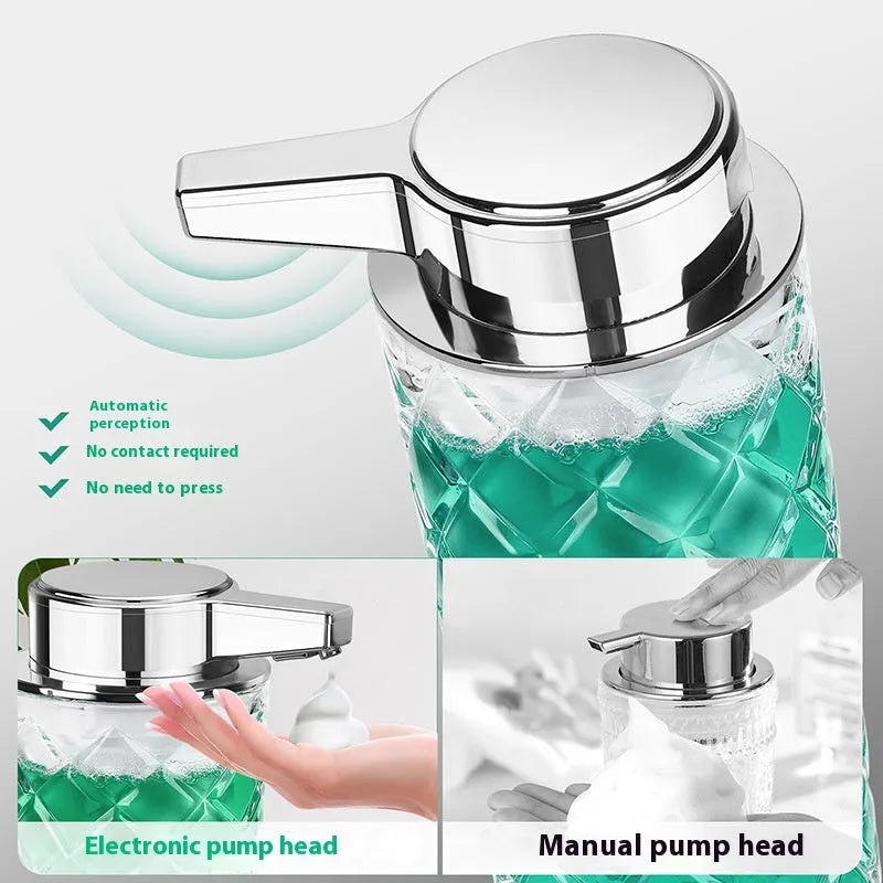 Automatic touchless soap dispenser with silver-plated PET plastic shell and USB-C charging port.