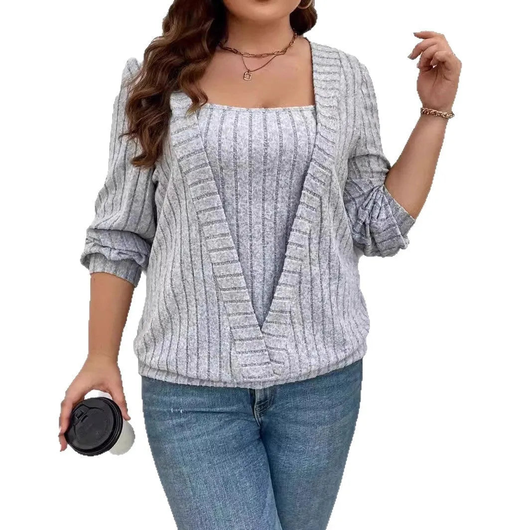 Women's V-neck long sleeve two-piece suit in rib fabric, loose fit, shown in solid colour