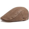 Thick PU artificial leather peaked cap with flat top crown, adjustable size, shown in black, dark gray, camel and brown for autumn and winter.
