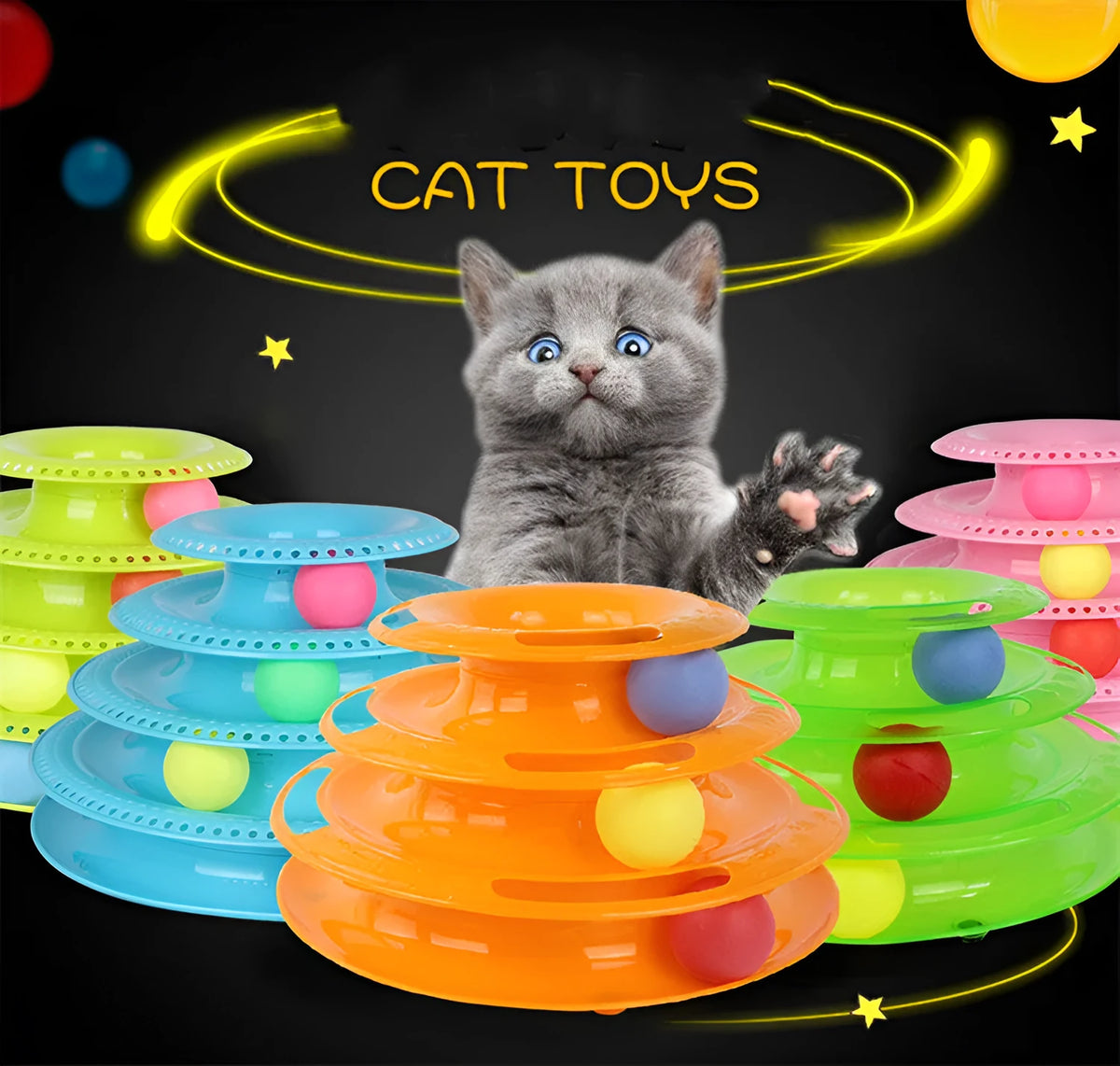 Four-layer interactive cat turntable toy with ball track tower, plastic, 16x29cm, in pink, blue or orange