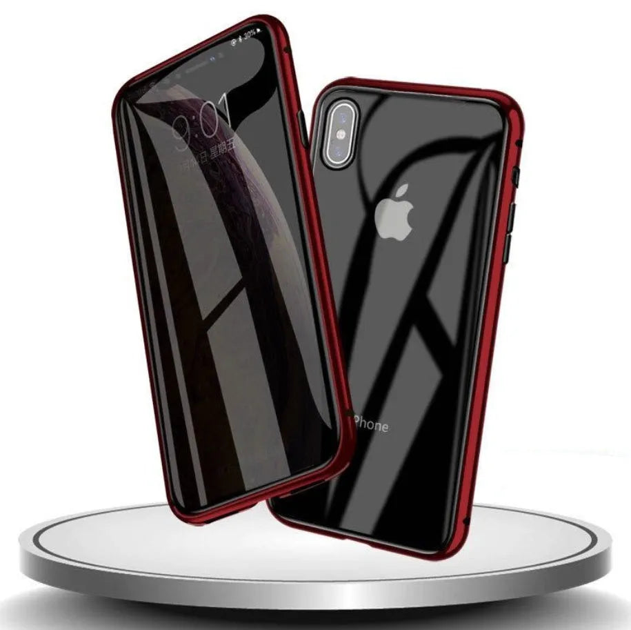 Black glass clamshell anti-spy phone case with a geometric pattern for iPhone.
