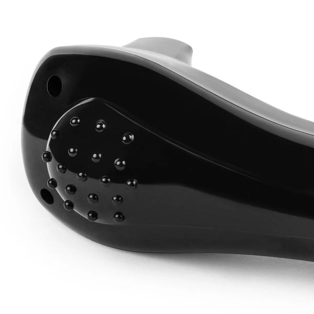 Black folding electric body shaver on a white background.