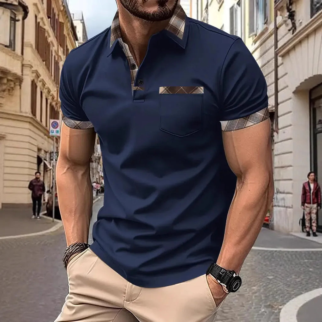 Man wearing a loose-fit plaid colourblock t-shirt with a zipper decoration detail on the front.