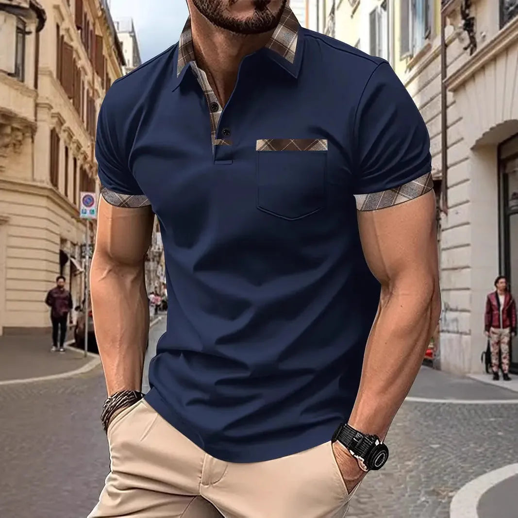 Man wearing a loose-fit plaid colourblock t-shirt with a zipper decoration detail on the front.