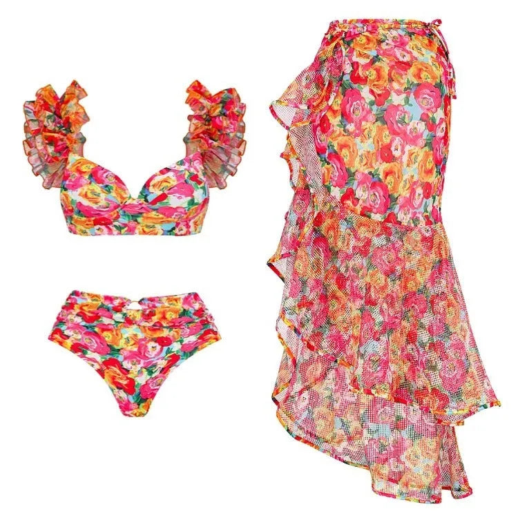 Women's floral two-piece swimsuit with high-waisted briefs and sleeveless top