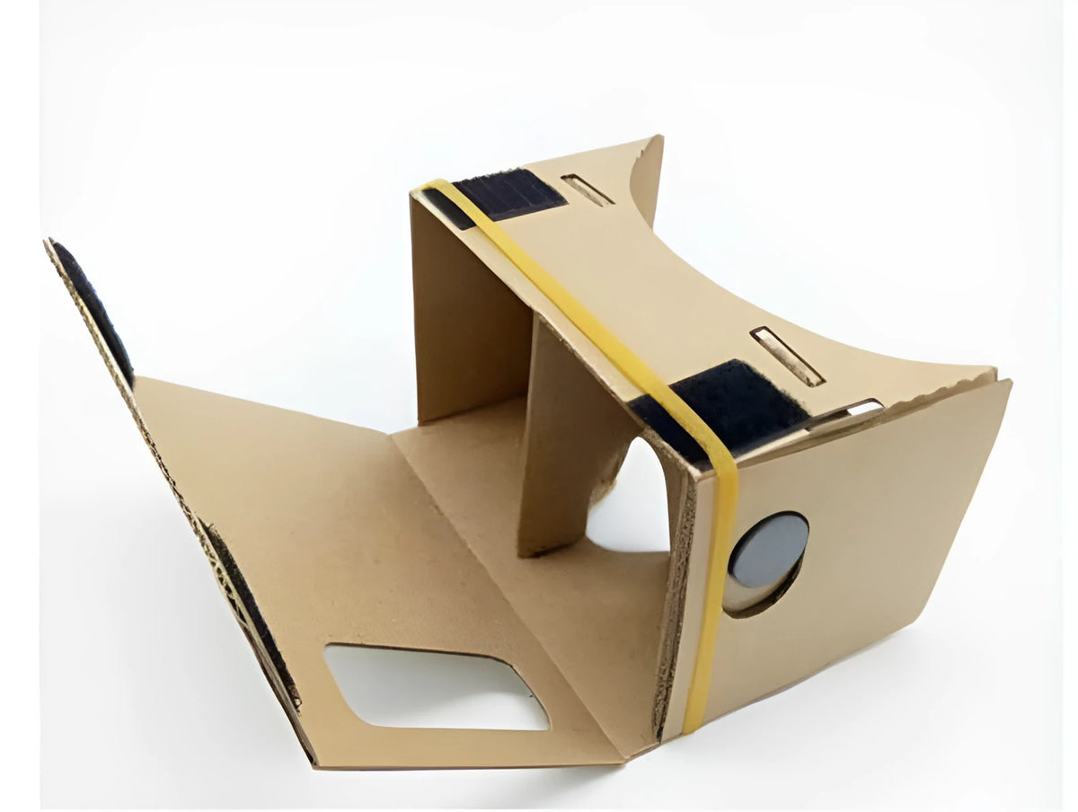 Pink and white cardboard VR glasses for smartphones with adjustable head strap and 3D lenses
