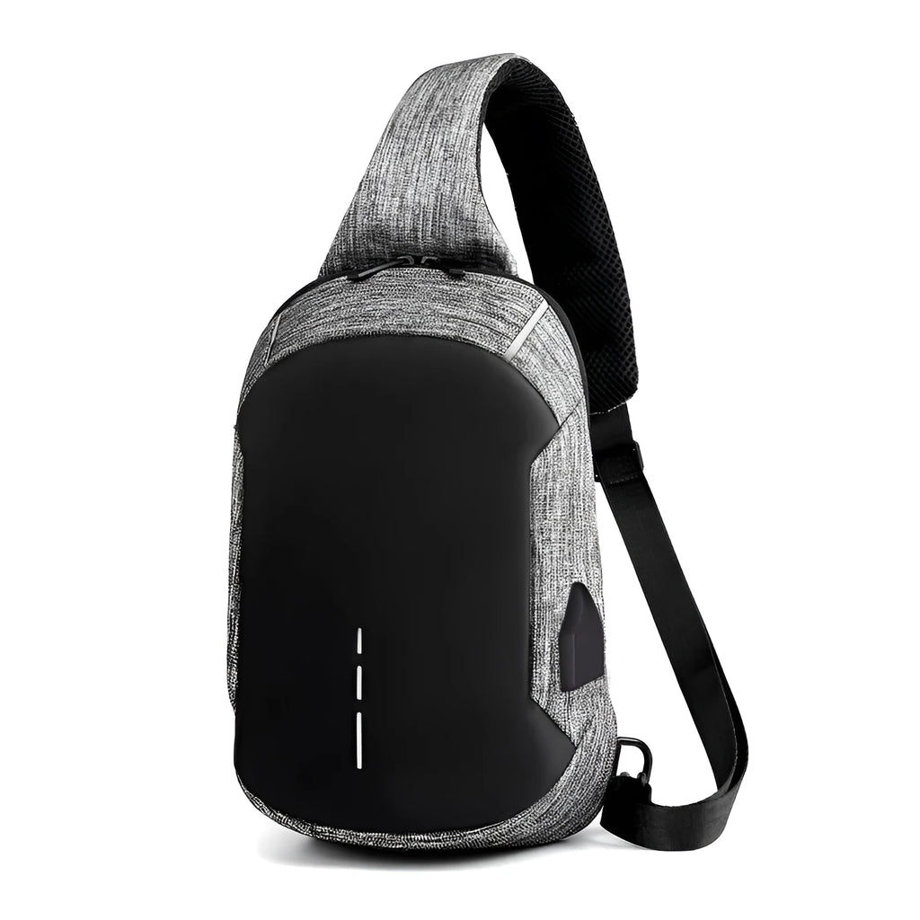 Small dark blue Oxford cloth chest bag with a zipper, shown with dimensions 18cm wide by 31cm high.