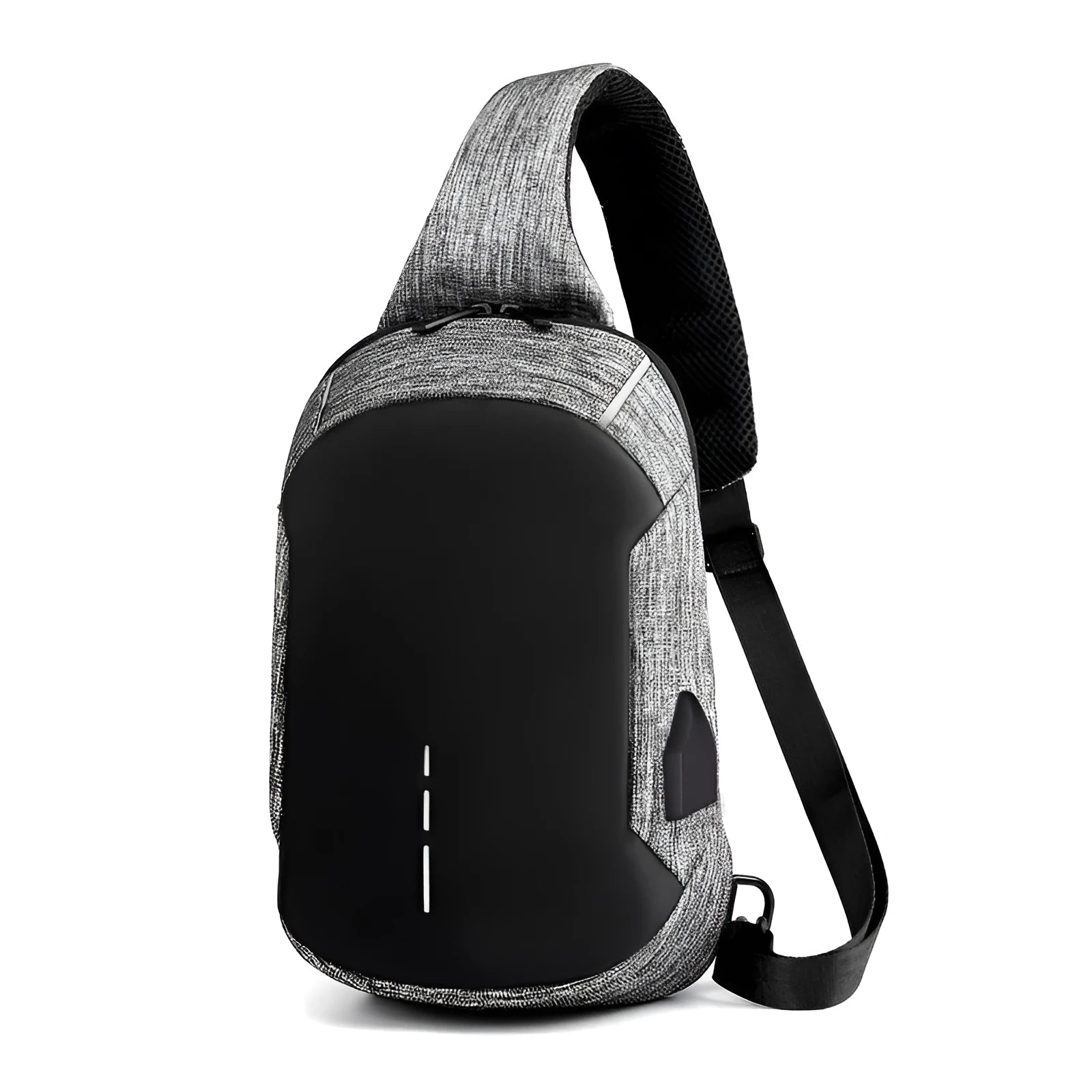 Small dark blue Oxford cloth chest bag with a zipper, shown with dimensions 18cm wide by 31cm high.