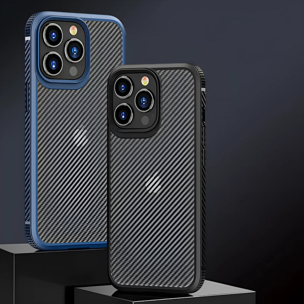 Black or blue iPhone 13 series phone case with a carbon fibre pattern on the back.