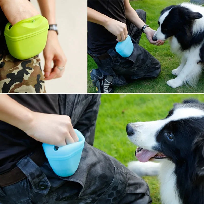 Silicone dog treat bag with clip attachment showing magnet closure and food-grade construction