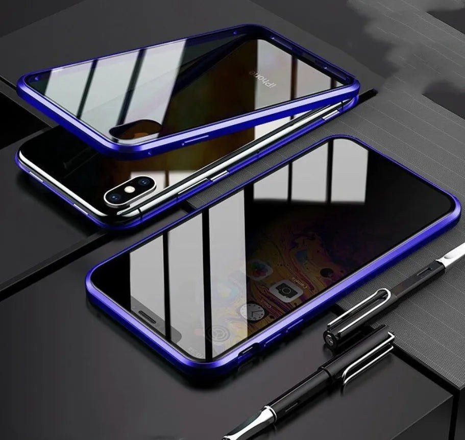 Black glass clamshell anti-spy phone case with a geometric pattern for iPhone.