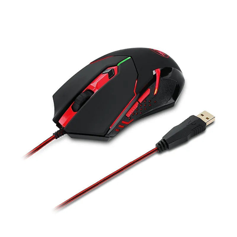 Black and red ergonomic USB wired gaming mouse with six buttons on a desk