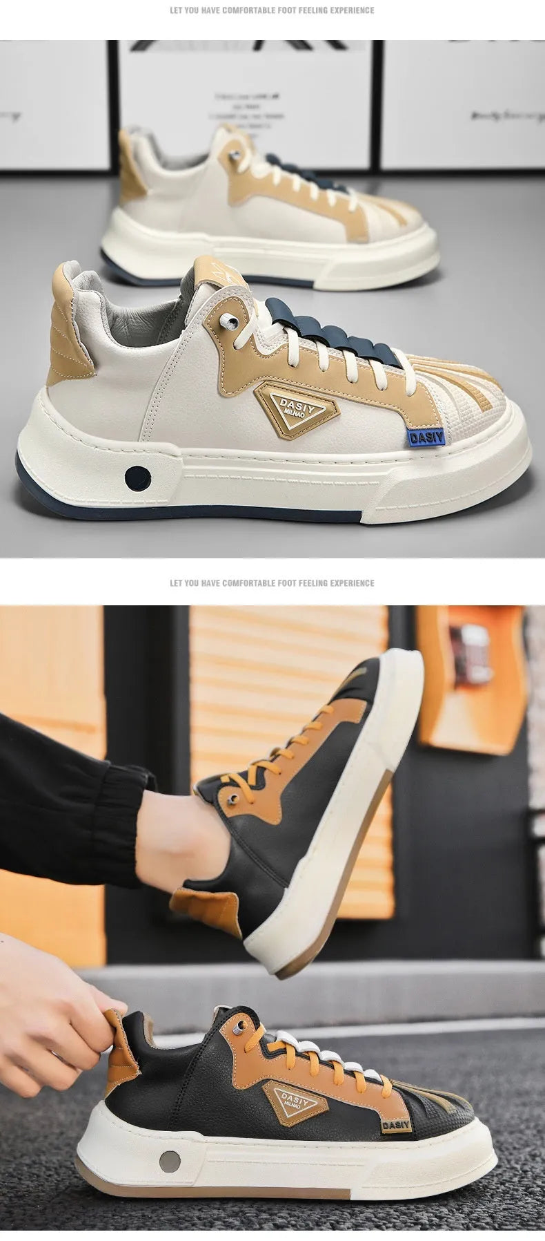 Men's beige low-top sneakers with elastic band and microfiber upper
