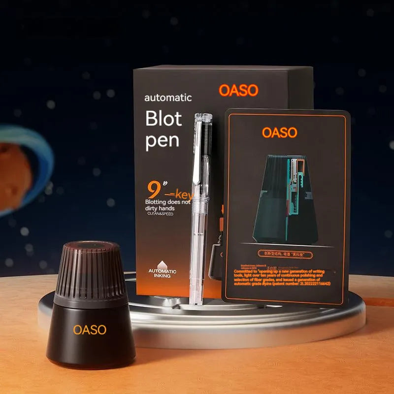 Automatic suction pen set with plastic body, two nib sizes, ink feeder, and handbag for students and office.