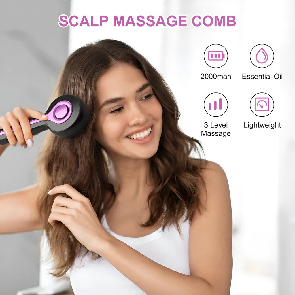 USB-powered anti-leak hair brush massager in black colour with vibration technology and mechanical controls
