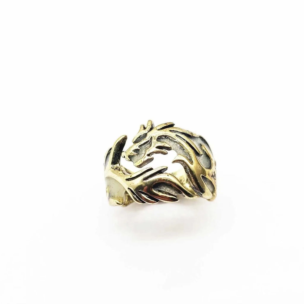 Chinese style luminous dragon pattern adjustable ring in antique silver blue and green metal.