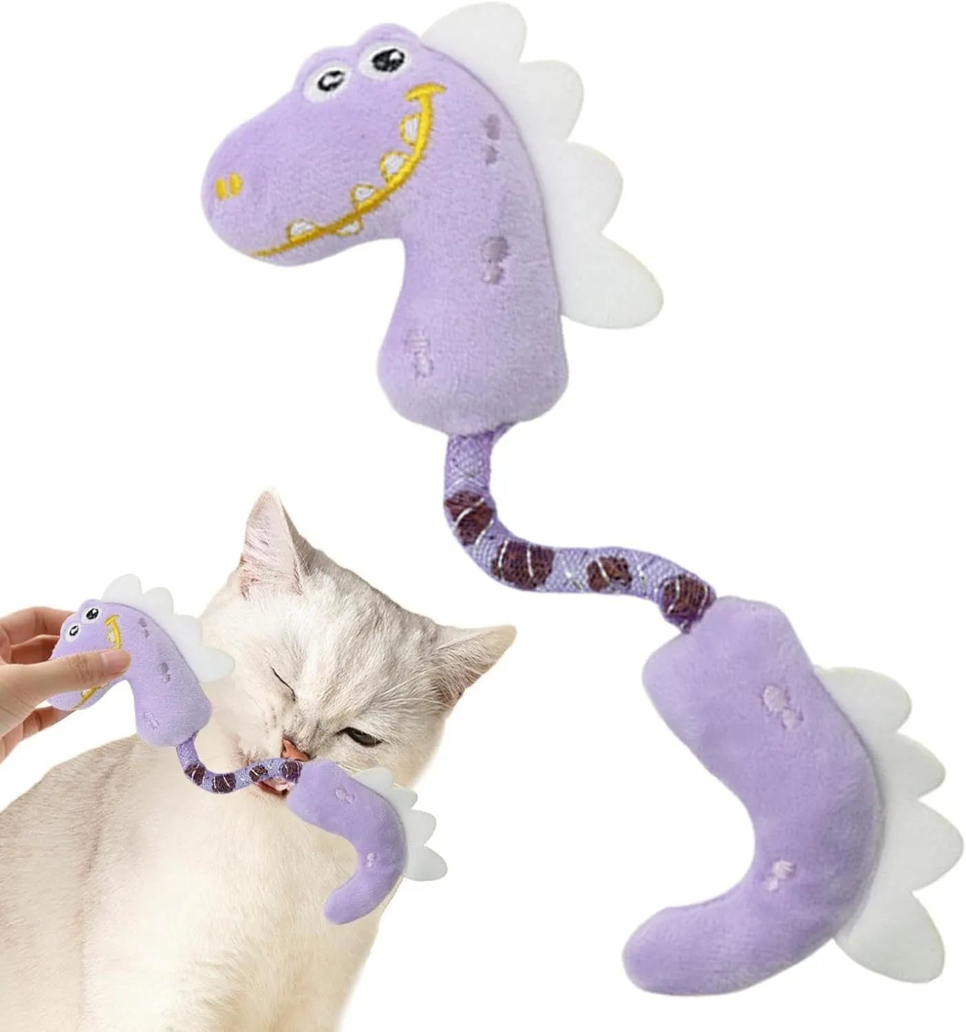 Four-piece cat toy bundle showing chew toy, plush mouse, fish, and bunny in pink, purple, and yellow colours.