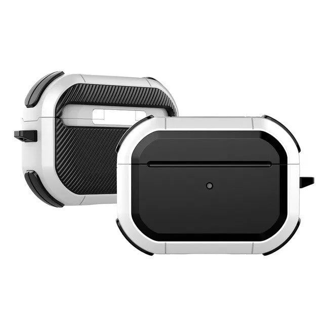 Black TPU and PC protective shell case for Apple AirPods 1, 2 and Pro models on a white background.
