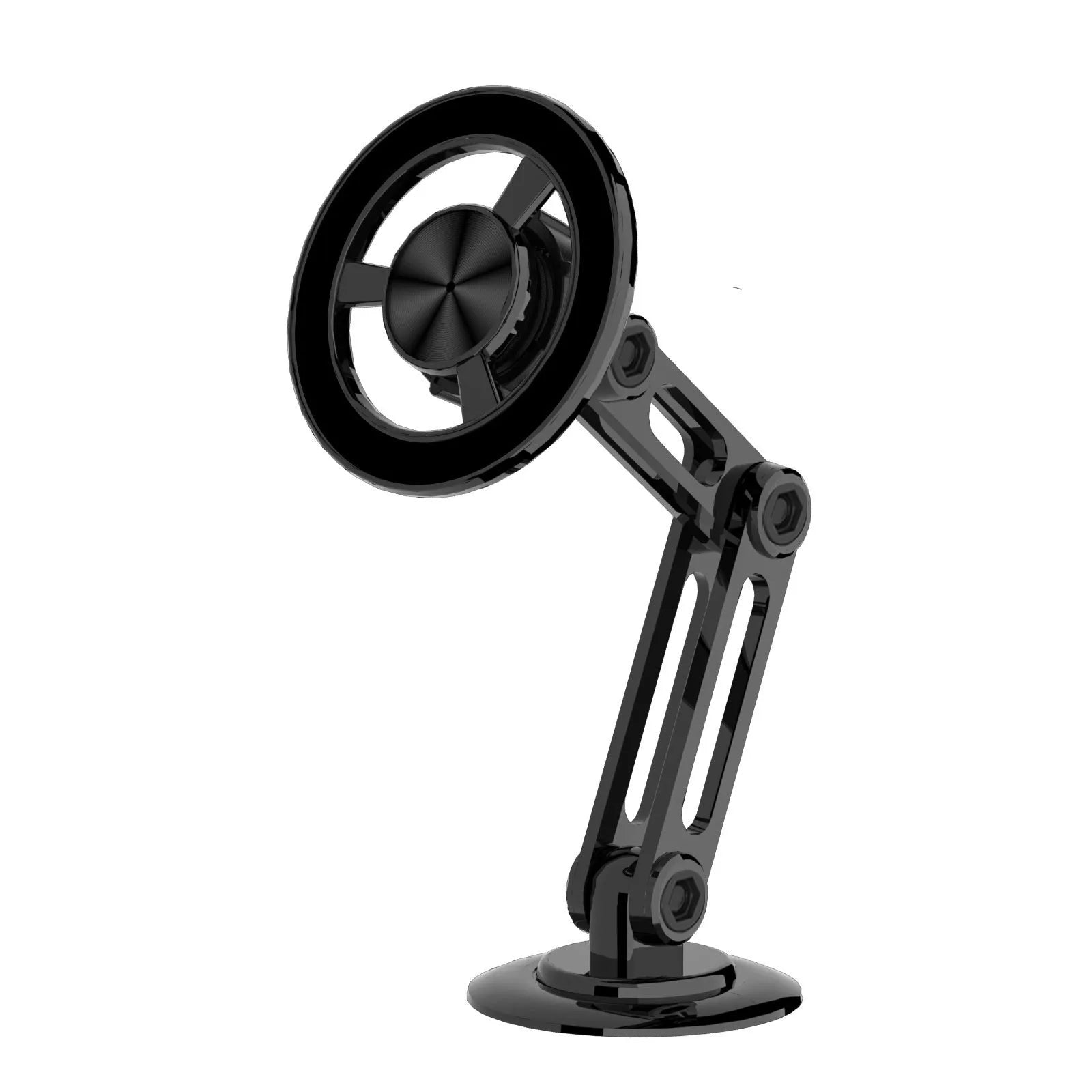 All-metal magnetic car phone holder mounted on dashboard with phone attached, showing 360-degree rotation capability