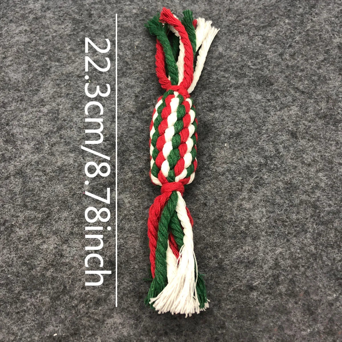 Christmas cotton rope dog toy set with red and green candy cane, bone and Christmas tree shapes for small and medium dogs.